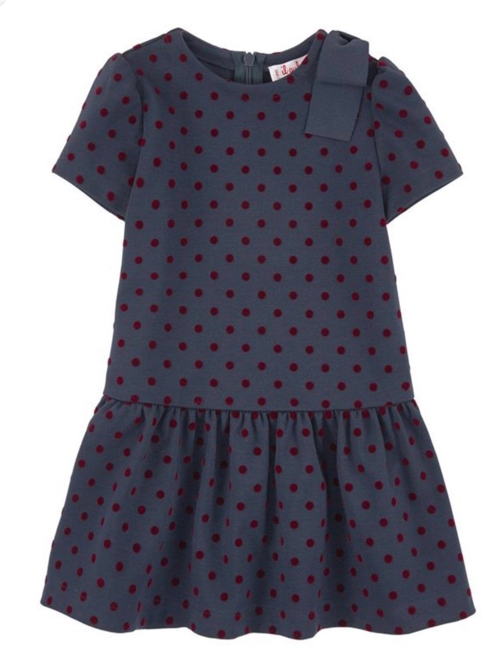 Il Gufo Navy Dress with Burgundy Polka Dots and Shoulder Bow